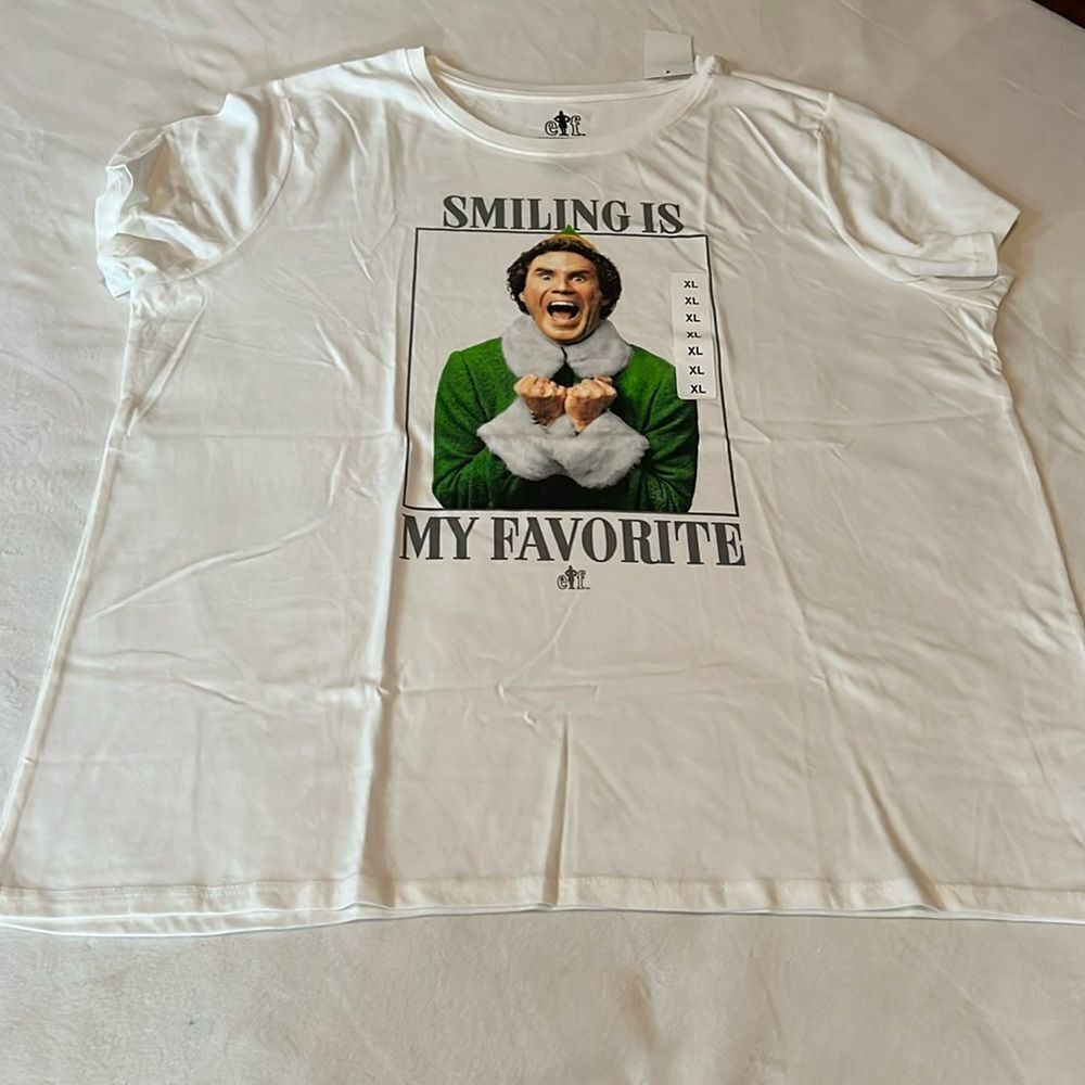 ELF SMILING IS MY FAVORITE Christmas Shirt Size XL Cotton Polyester White Green